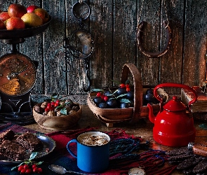 Waga, Kubek, Kompozycja, Czajnik, Lampa, Jabłko, Jarzębina, Ciasto