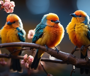 Ptaki, Grafika, Kwiaty, Gałąź, Kolorowe