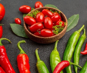 Papryczki chili, Kolorowe, Miseczka, Pomidory