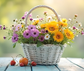 Bukiet, Grafika, Truskawki, Koszyk, Kwiaty