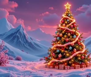 Choinka, Grafika AI, Boże Narodzenie, Góry, Rozświetlona