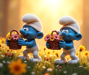 Smerfy, Grafika, Kwiaty, Koszyczki, Dwa