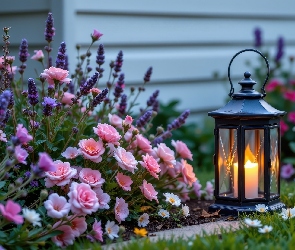 Świeca, Kwiaty, Fioletowe, Różowe, Lampion