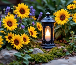 Słoneczniki ozdobne, AI, Kamienie, Lampion, Kwiaty