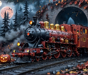 Dynie, Drzewa, Pociąg, Grafika, Most, Grafika, Lokomotywa