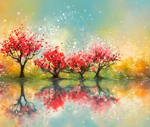 Drzewa, Grafika AI, Odbicie, Woda, Czerwone