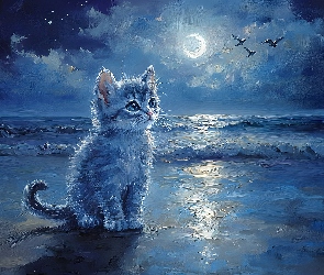 Grafika AI, Noc, Mewy, Kotek, Morze, Księży