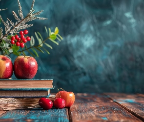 Jabłka, Grafika AI, Rośliny, Wazon, Książki