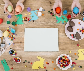 Dekoracja, Cukierki, Kartka, Deski, Pisanki, Kolorowe, Zajączki, Farbki, Wielkanoc, Biała