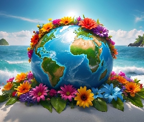 Palmy, Wyspa, Ziemia, Plaża, Morze, Grafika, Kwiaty