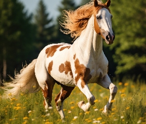 Biało-brązowy, Grafika, Łąka, Koń, Łaciaty