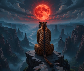 Księżyc, Noc, Skały, Grafika, Wąwóz, Tygrys