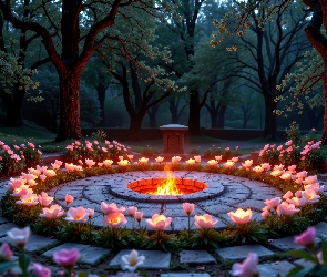 Grafika AI, Drzewa, Krąg, Kamienny, Kwiaty, Ogień