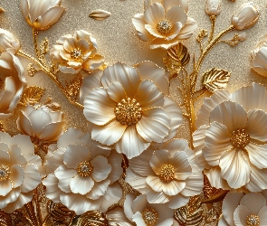 Kwiaty, Grafika, Łodygi, Listki, Biało-złote