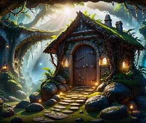 Domki, Kamienie, Drzewa, Przebijające światło, Grafika