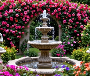 Fontanna, Róże, Ogród