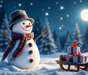 Prezenty, Szyszki, Zima, Szalik, Noc, Gwiazdy, Śnieg, Księżyc, Sanki, Bałwan, Kapelusz