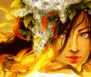 Oczy, Żółte, Twarz, Grafika, Kwiaty, Dziewczyna, Wianek