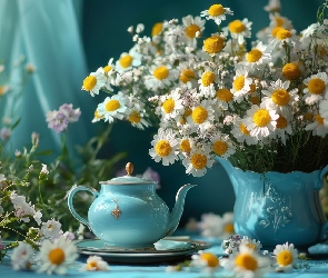 Kompozycja, Imbryk, Rumianki, Kwiaty, Bukiet, Dzbanek