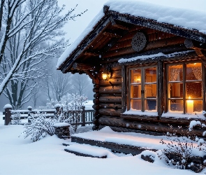 Grafika AI, Zima, Drewniany, Dom, Okno, Światło