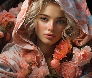 Grafika AI, Kwiaty, Blondynka, Kobieta, Szal, Chusta