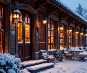 AI, Krzesła, Książki, Śnieg, Drzewa, Ośnieżone, Dom, Biblioteka, Zima, Półki