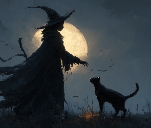 Grafika AI, Halloween, Czarny, Wiedźma, Kot, Księżyc