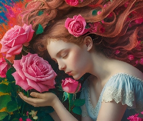 Grafika, Róże, Dziewczyna, Różowe