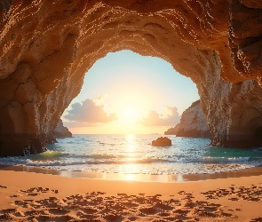 Jaskinia, Zachód słońca, Piasek, Skały, Morze
