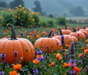 Grafika AI, Łąka, Dynie, Kwiaty