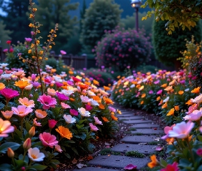 Grafika, Ogród, Kwiaty, Wieczór