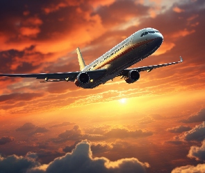 Chmury, Słońce, Samolot pasażerski