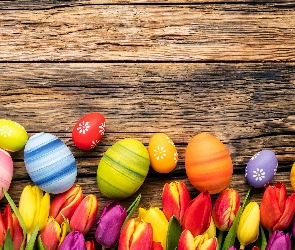 Deski, Tulipany, Kolorowe, Wielkanoc, Pisanki, Kwiaty