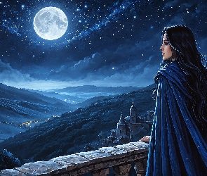 Niebo, Księżyc, Noc, Grafika, Taras, Kobieta, Zamek
