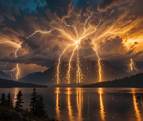 Chmury, Drzewa, Burza, Jezioro, Pioruny, Grafika AI