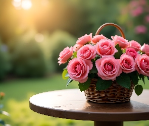 Róże, Grafika, Kwiaty, Koszyk, Różowe
