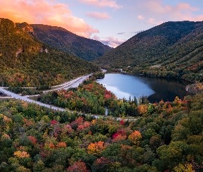 Stany Zjednoczone, Droga, Drzewa, New Hampshire, Echo Lake, Jezioro, Góry, White Mountains, Jesień, Lasy