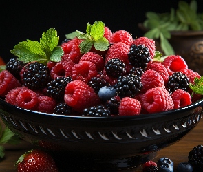 Maliny, Miska, Listki, Jeżyny, Owoce