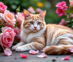 AI, Róże, Kot, Rudo-biały, Leżący, Kwiaty
