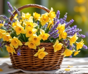 Koszyk, Lawenda, Narcyzy żonkile, Kwiaty, Wiklinowy