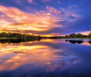 Stan Georgia, Odbicie, Lake Houston, Stany Zjednoczone, Zachód słońca, Jezioro, Drzewa