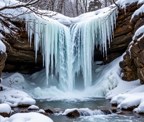 Rzeka, Lodu, Skały, Drzewa, Sople, Zima, Wodospad