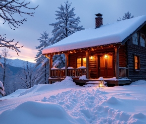 Drzewa, Śnieg, Oświetlony, AI, Zima, Dom, Wzgórze