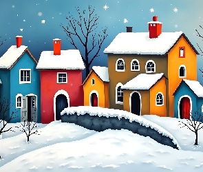 Grafika, Zima, Kolorowe, Domy