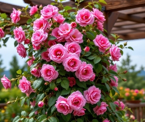 AI, Grafika, Pnące, Róże, Kwiaty, Pergola