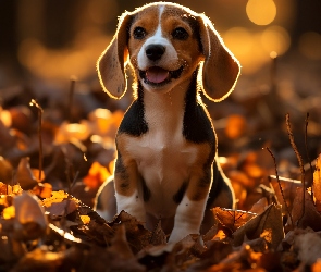 Grafika AI, Jesień, Beagle, Pies, Szczeniak, Liście