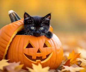 Halloween, Kot, Jesień, Mały, Liście, Czarny, Grafika AI, Dynia