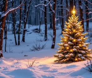 Grafika, Boże Narodzenie, Las, Zima, Oświetlona, Choinka