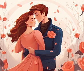 Róże, Kwiaty, Kobieta, Grafika, Taniec, Mężczyzna, Uścisk