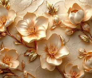 Grafika, Tło, Kwiaty, Złote, Listki, Gałązki